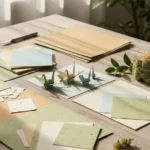 An inviting craft table displaying eco-friendly recycled paper supplies being used for sustainable art projects like origami and paper flowers.