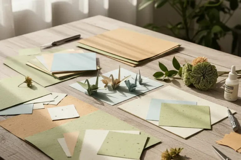 An inviting craft table displaying eco-friendly recycled paper supplies being used for sustainable art projects like origami and paper flowers.