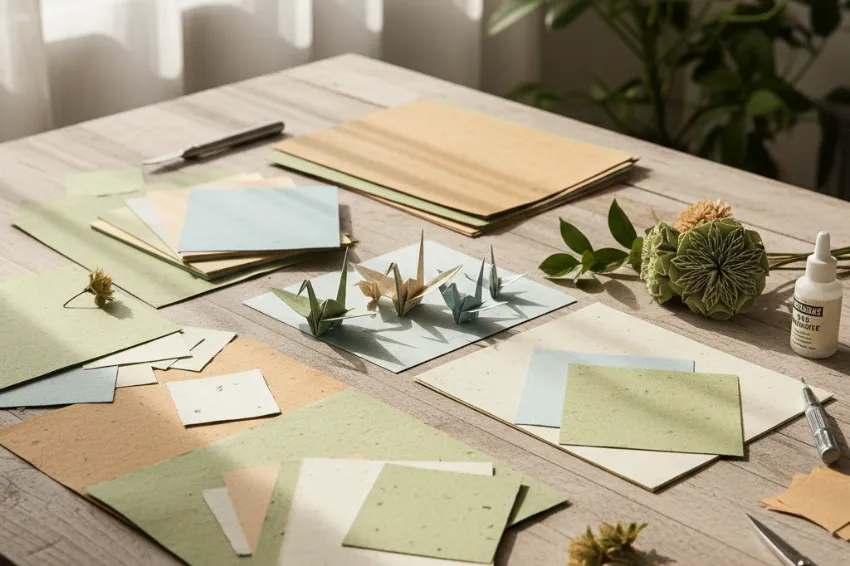 An inviting craft table displaying eco-friendly recycled paper supplies being used for sustainable art projects like origami and paper flowers.