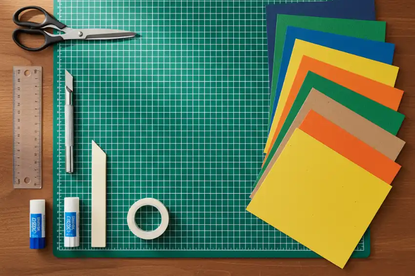 A flat lay of essential tools for working with cardstock, including a cutting mat, craft knife, scissors, ruler, and various sheets of recycled cardstock.