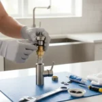 A person's hands in gloves repairing the internal parts of a leaky kitchen faucet, following a DIY guide to save money and water.