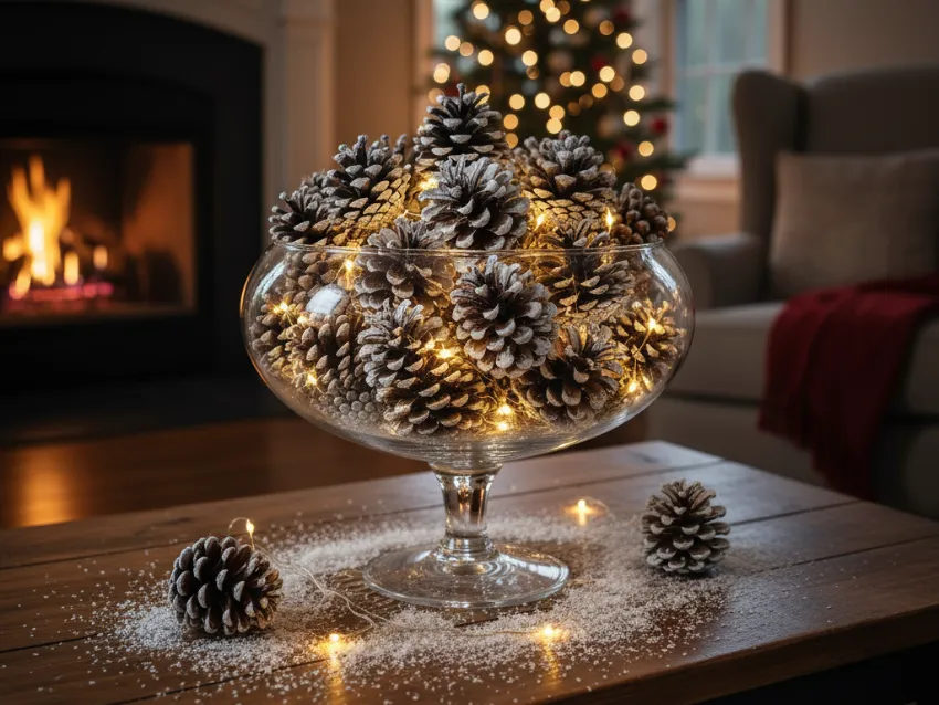 A glass bowl filled with frosted winter wonderland pine cones and glowing fairy lights, creating a stunning DIY centerpiece for holiday decor.