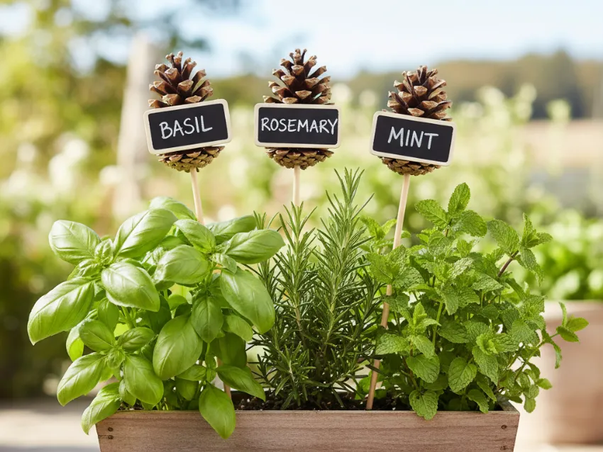 DIY pine cone garden markers with small chalkboard labels for basil, rosemary, and mint placed in an herb garden planter.