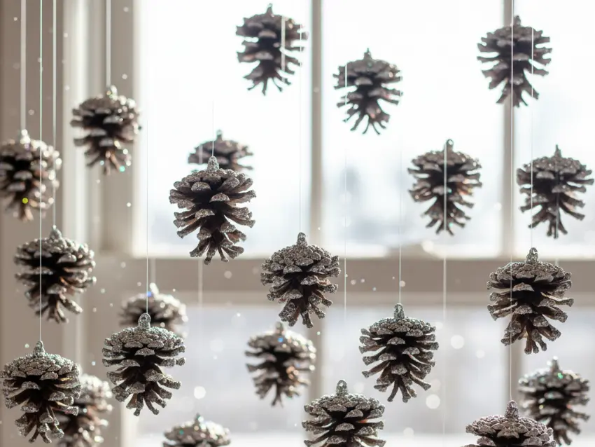 Glittery silver pine cones hanging from strings to create a stunning DIY icicle decoration in front of a window.