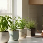 A row of healthy potted herbs, including basil and mint, growing on a sunny kitchen windowsill next to a sink, illustrating how to grow herbs indoors.