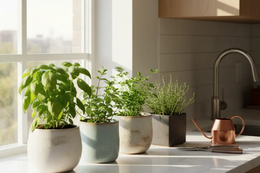 A row of healthy potted herbs, including basil and mint, growing on a sunny kitchen windowsill next to a sink, illustrating how to grow herbs indoors.