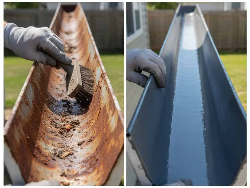 A side-by-side comparison showing gutter repair: on the left, a rusty, dirty gutter being cleaned, and on the right, the same gutter cleaned and freshly sealed for leak prevention