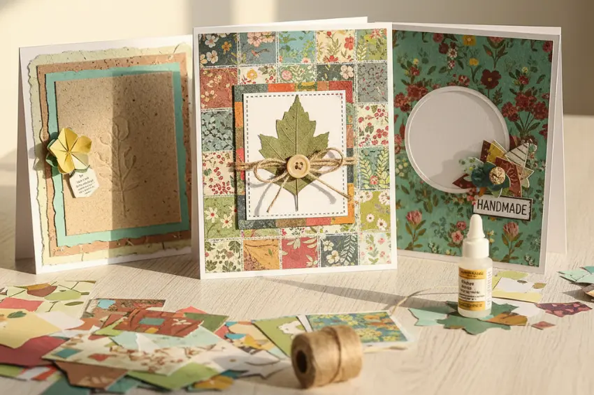 Three beautiful handmade cards created with eco-friendly recycled scrapbooking paper, showcasing sustainable card making techniques.