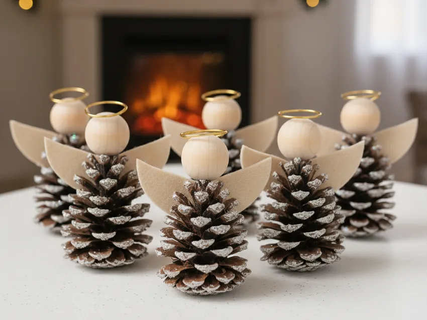 A group of adorable DIY pine cone angels crafted with wooden bead heads, simple felt wings, and golden halos, sitting on a white table.