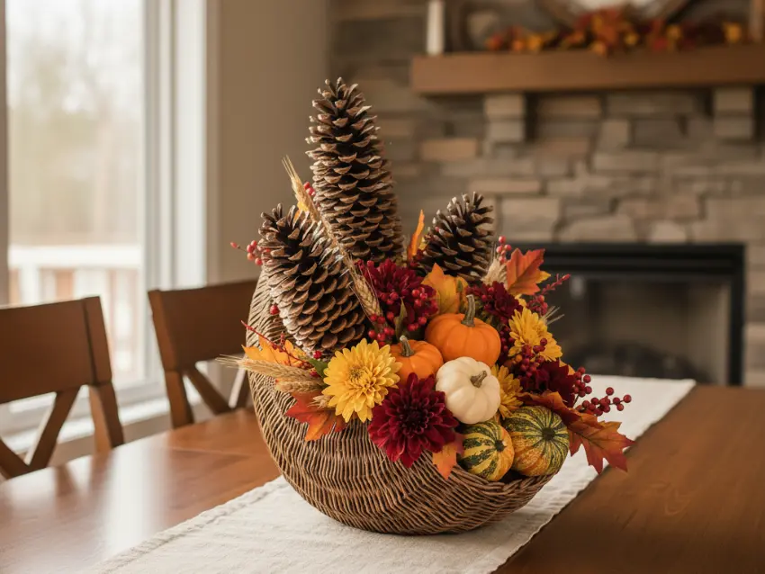 A stunning DIY harvest cornucopia centerpiece, featuring large pine cones, mini pumpkins, and autumn flowers, as a beautiful Thanksgiving craft.