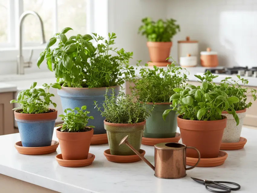 A variety of indoor herbs growing in different-sized containers, from large pots for basil to smaller ones for thyme, illustrating the need to choose the right pot.