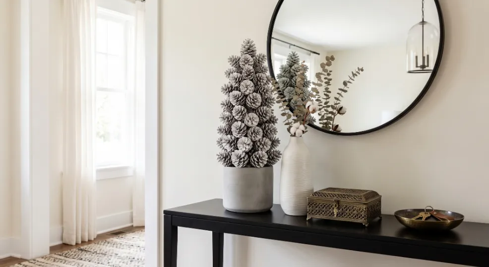 A beautifully styled black console table in a bright entryway features a large flocked pinecone Christmas tree in a concrete pot, a white vase with dried eucalyptus and cotton bolls, a gold filigree box, and a brass key bowl, all set against a white wall with a large round mirror reflecting the opposite wall and a window with sheer curtains.