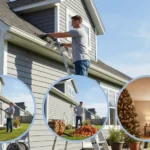 A collage illustrating a year-round home maintenance checklist, showing a man cleaning gutters, raking leaves, pressure washing, and checking a smoke detector.