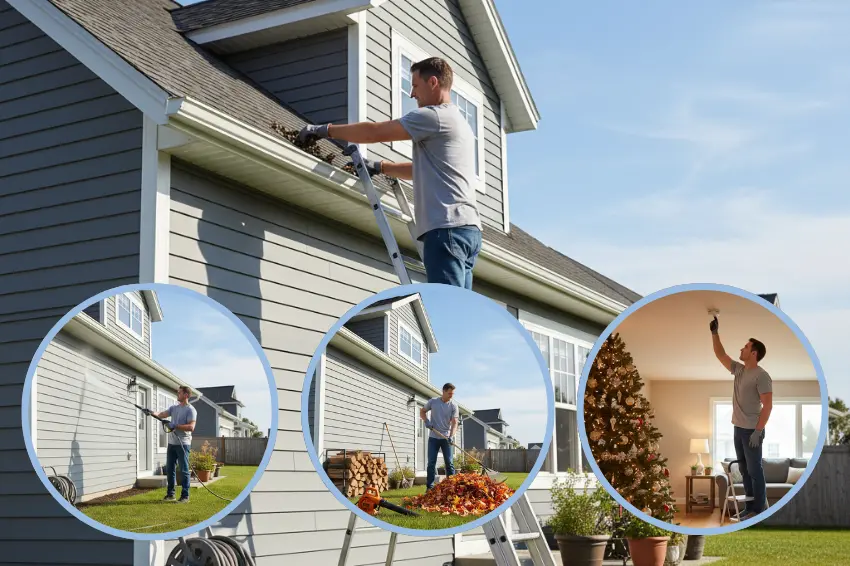 A collage illustrating a year-round home maintenance checklist, showing a man cleaning gutters, raking leaves, pressure washing, and checking a smoke detector.