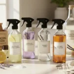 A collection of natural homemade DIY cleaning supplies, including lemons, vinegar, baking soda, and essential oils, ready to be mixed.