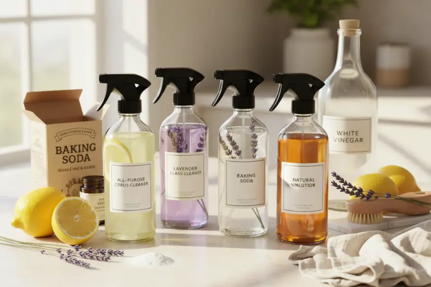 A collection of natural homemade DIY cleaning supplies, including lemons, vinegar, baking soda, and essential oils, ready to be mixed.