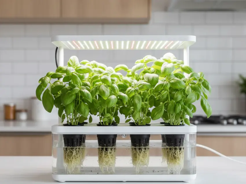 A modern hydroponic system for growing basil indoors, showing the plants' healthy roots in water under an advanced LED grow light.