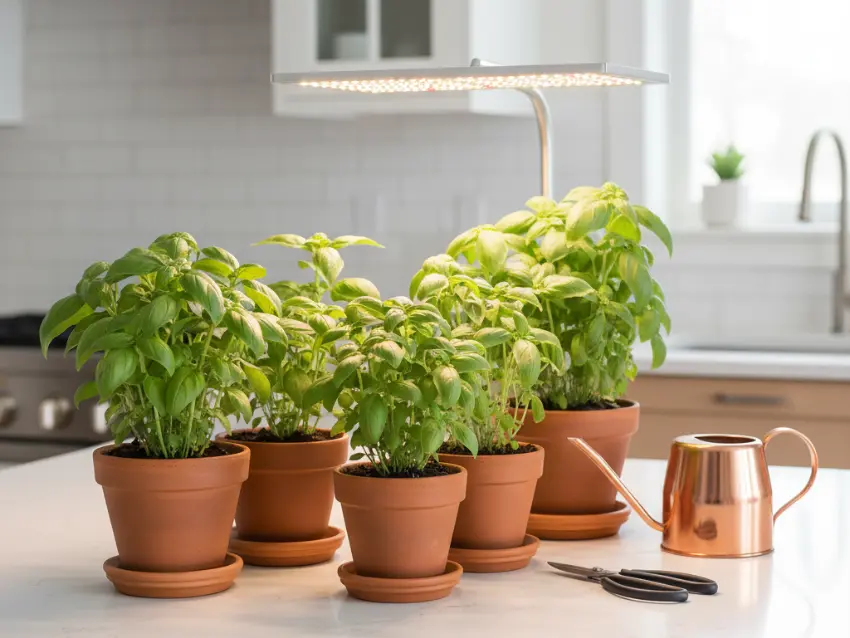 A setup showing what you need to get started growing basil indoors, including several potted plants under an LED grow light, a watering can, and shears.