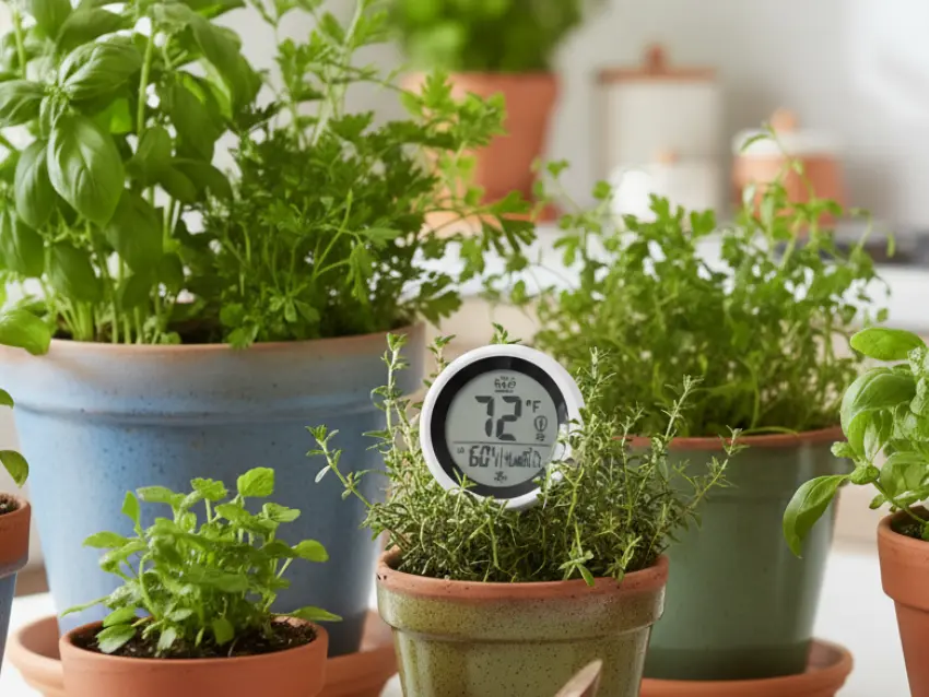 A digital thermometer monitoring temperature and humidity for an indoor herb garden, showing 72 degrees and 60 percent humidity.