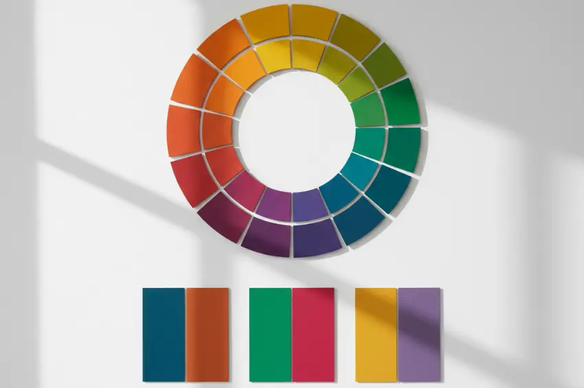 A color wheel and swatches used as a guide for choosing interior paint colors, illustrating the psychology of paint selection for a home.