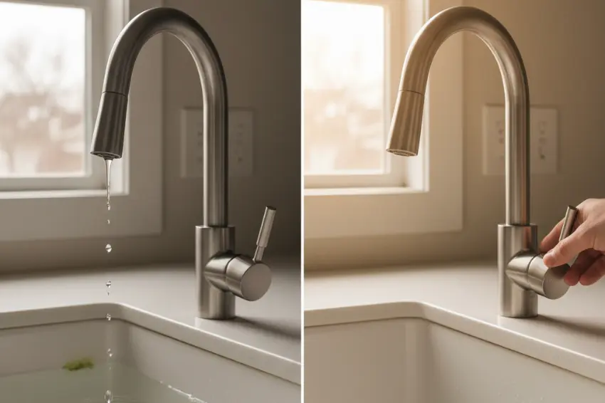 A split image showing a leaky faucet dripping water before the repair, and the same faucet working perfectly with no drips after the DIY fix.