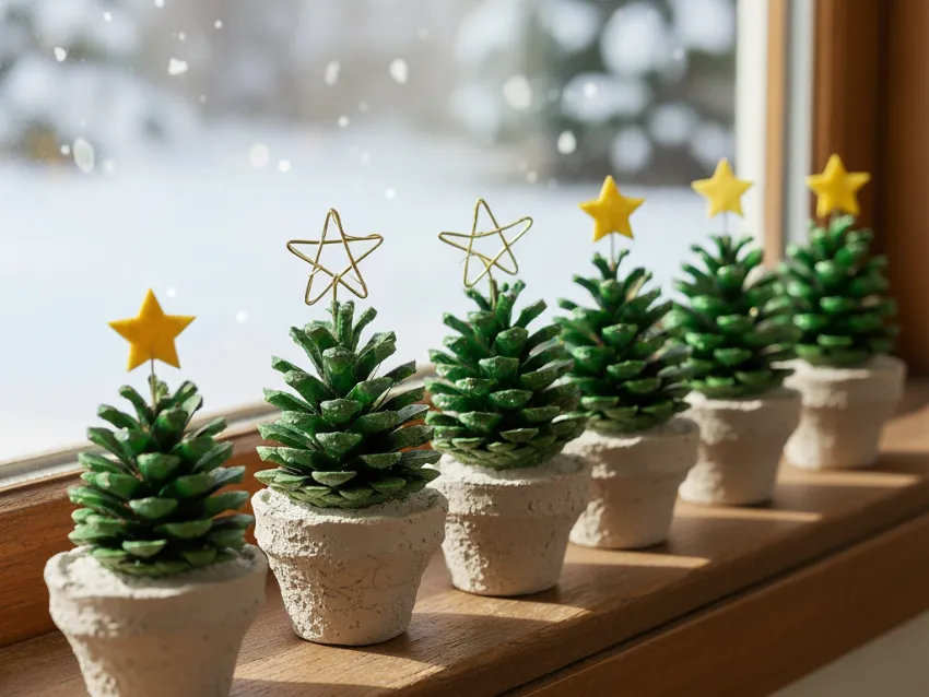 A row of adorable DIY miniature Christmas trees, made from green-painted pine cones in tiny white pots and topped with stars, sitting on a snowy windowsill.