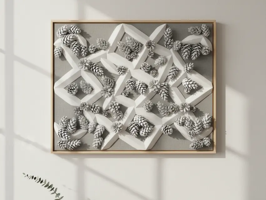 A stunning piece of large-scale wall art featuring a modern geometric design created from white-painted pine cones on a gray canvas.