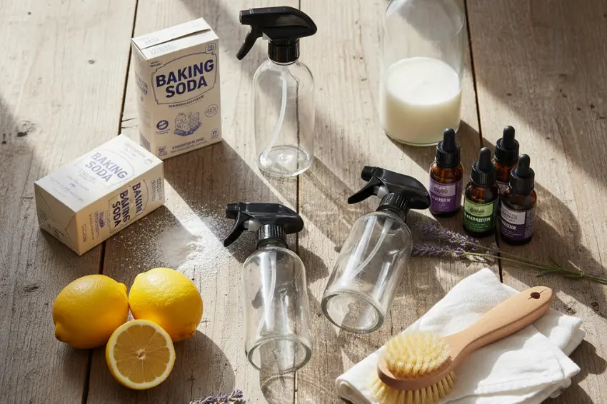 The essential ingredients for a DIY cleaning arsenal, including baking soda, lemons, white vinegar, and essential oils, arranged on a table with spray bottles.