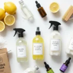 A flat lay of various natural DIY cleaning recipes and their ingredients, including lemons, baking soda, and labeled bottles of all-purpose, glass, and cream cleansers