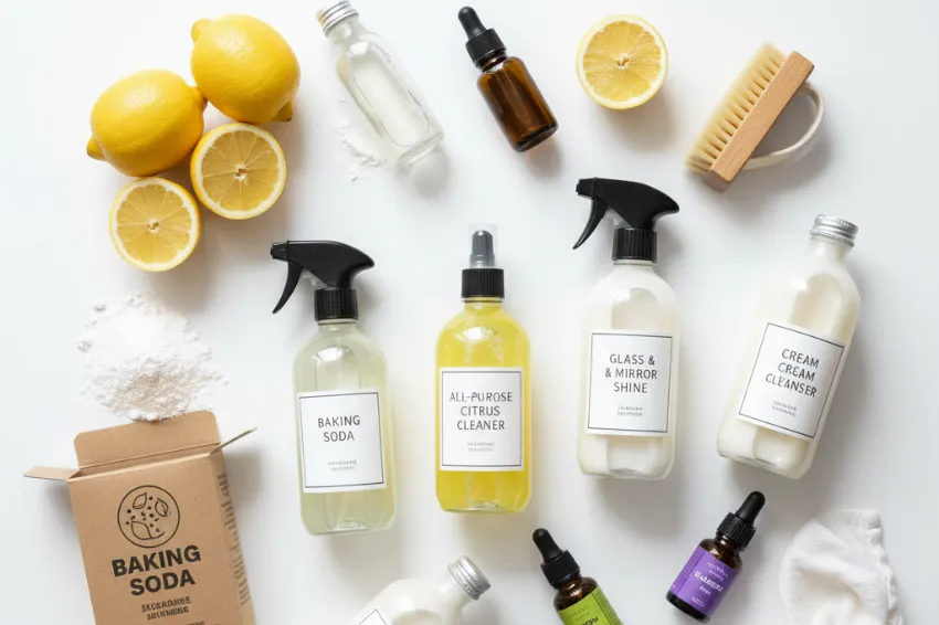 A flat lay of various natural DIY cleaning recipes and their ingredients, including lemons, baking soda, and labeled bottles of all-purpose, glass, and cream cleansers