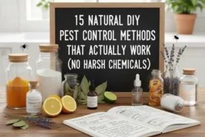 chalkboard sign listing 15 natural DIY pest control methods, surrounded by ingredients like lemon, baking soda, and lavender that actually work.