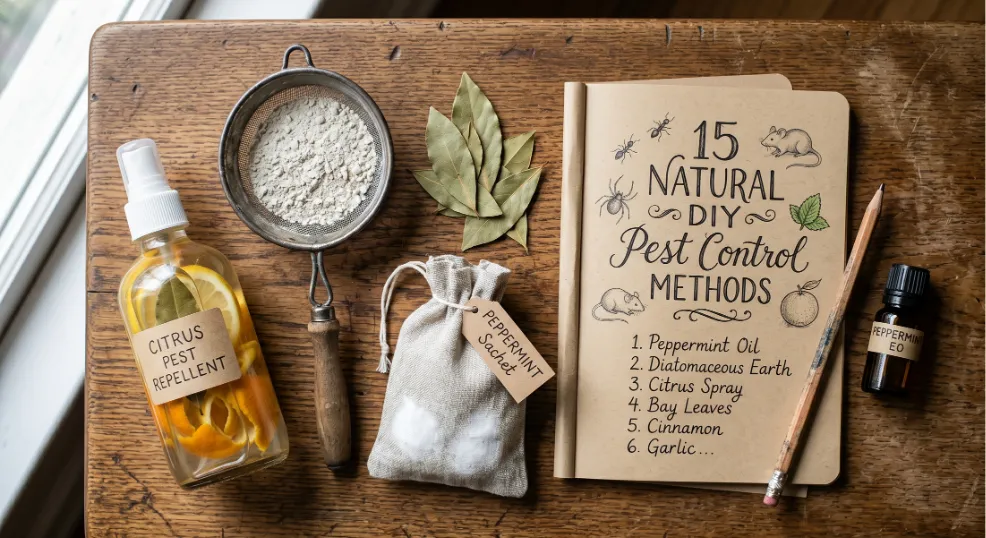 An aesthetically arranged collection of natural DIY pest control ingredients like citrus vinegar spray, Diatomaceous Earth, bay leaves, and a peppermint sachet on a rustic wooden table with a handwritten journal page.