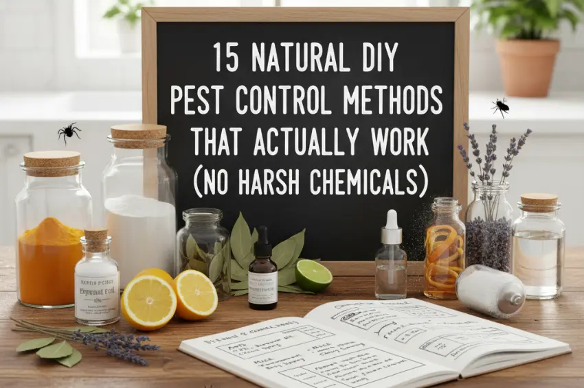 chalkboard sign listing 15 natural DIY pest control methods, surrounded by ingredients like lemon, baking soda, and lavender that actually work.