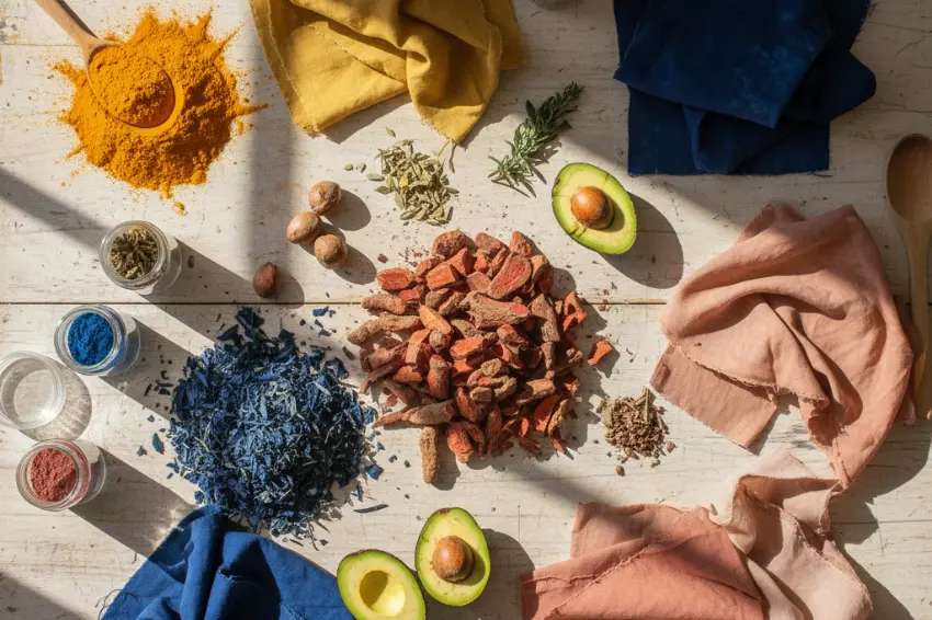A vibrant collection of natural dyes and colorants, including turmeric powder, indigo leaves, avocado pits, and dyed fabrics, perfect for eco-friendly crafts.