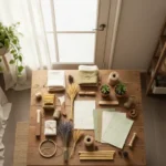 A flat lay of various natural materials for eco-friendly crafts, including handmade paper, dried lavender, twine, and fabrics, arranged on a wooden table