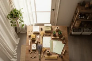 A flat lay of various natural materials for eco-friendly crafts, including handmade paper, dried lavender, twine, and fabrics, arranged on a wooden table