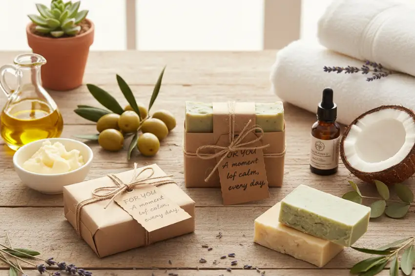 A collection of natural moisturizing soaps, packaged as the perfect gift, surrounded by their wholesome ingredients like olive oil and shea butter.