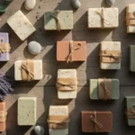 A beautiful flat lay of various natural moisturizing soap gift options, tied with twine and surrounded by lavender and eucalyptus on a wooden table.