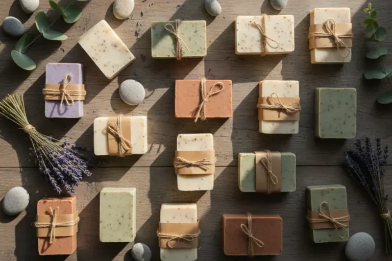 A beautiful flat lay of various natural moisturizing soap gift options, tied with twine and surrounded by lavender and eucalyptus on a wooden table.