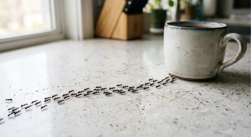 Tiny black ants marching on a kitchen countertop, illustrating the need for natural DIY pest control.