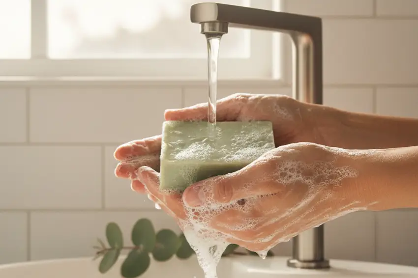 A person washing their hands with a natural, moisturizing bar of soap, a perfect sustainable gift for an eco-conscious friend.