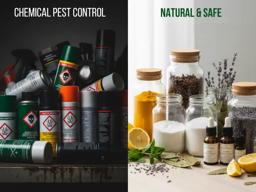 A comparison image showing why natural pest control matters: on the left, harsh chemical pesticides with poison symbols, and on the right, safe, natural DIY ingredients like baking soda, lemon, and lavender.