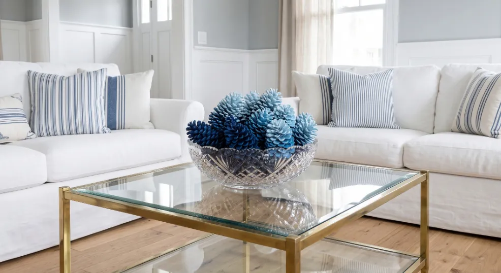 A large, cut-crystal bowl filled with ombre-painted pine cones, transitioning from deep navy to light blue, sits centered on a glass and brass coffee table between two white slipcovered sofas in a chic coastal American living room with hardwood floors and striped pillows.