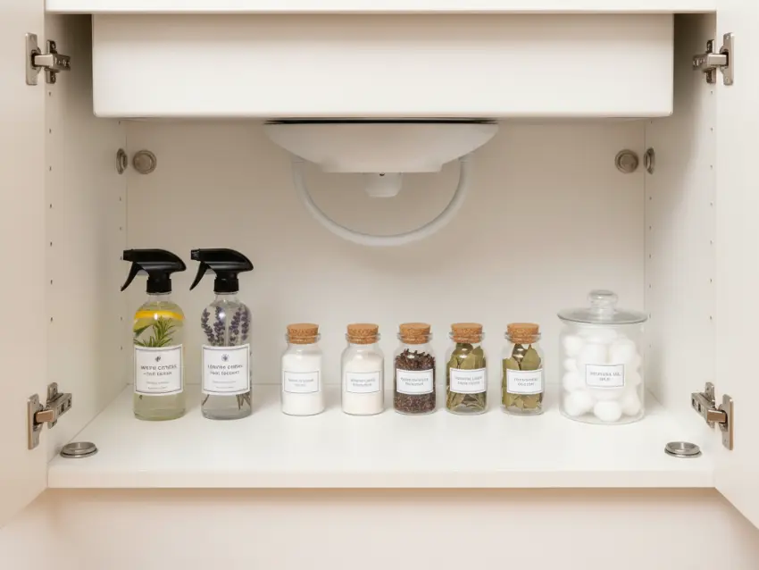 n organized under-sink cabinet storing labeled bottles and jars of natural DIY pest control solutions, demonstrating safe storage practices.