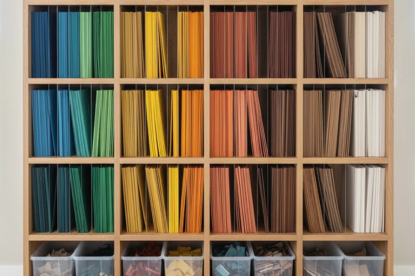 A well-organized craft shelving unit illustrating a tip for working with recycled materials, showing cardstock sheets stored vertically and sorted by color