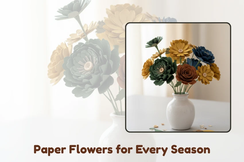 A beautiful bouquet of DIY paper flowers for every season, made from colorful recycled cardstock and arranged in a white vase.