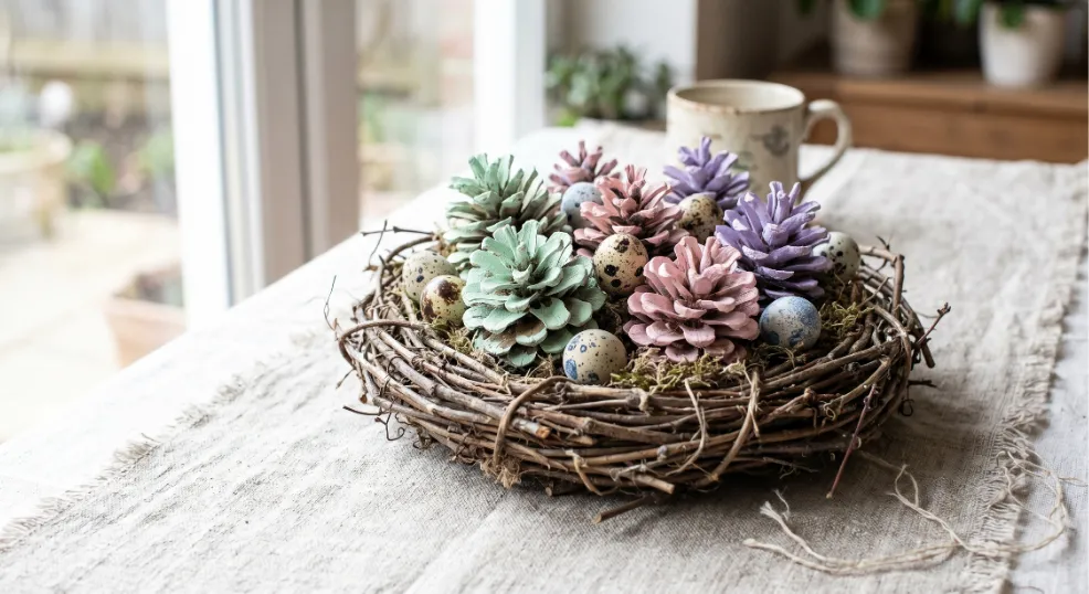 Soft pastel painted pine cones in mint green, pink, and lavender arranged in a decorative nest with eggs for spring decor.