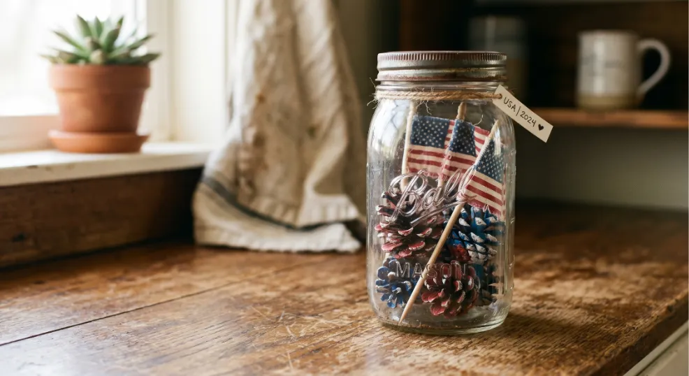 Red, white, and blue painted pine cones displayed in a vintage glass mason jar with small flags for Fourth of July patriotic decor.
