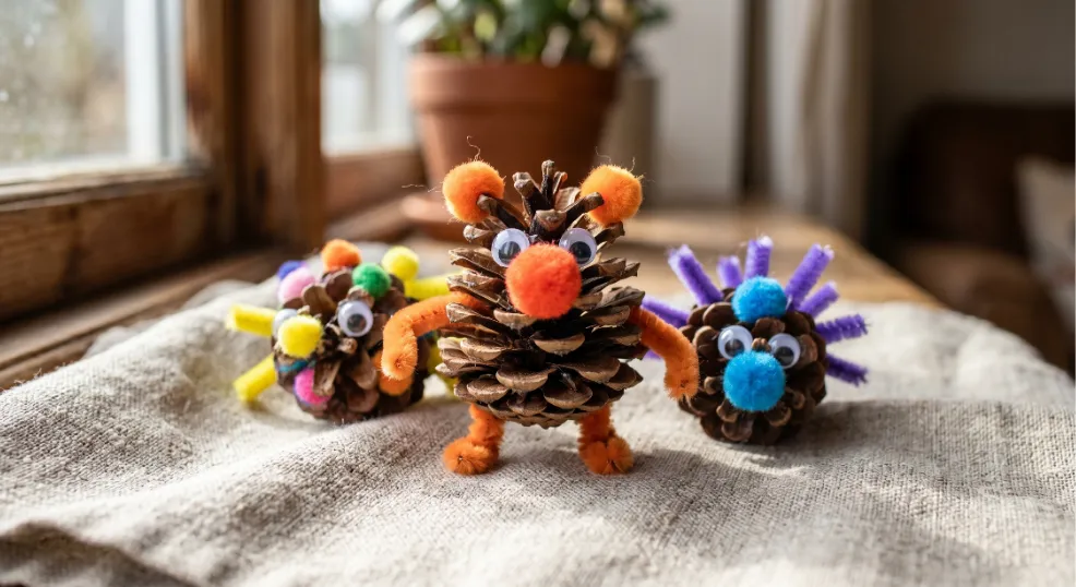 Whimsical kids craft animal creatures made from pine cones, pipe cleaners, and googly eyes on a linen cloth.