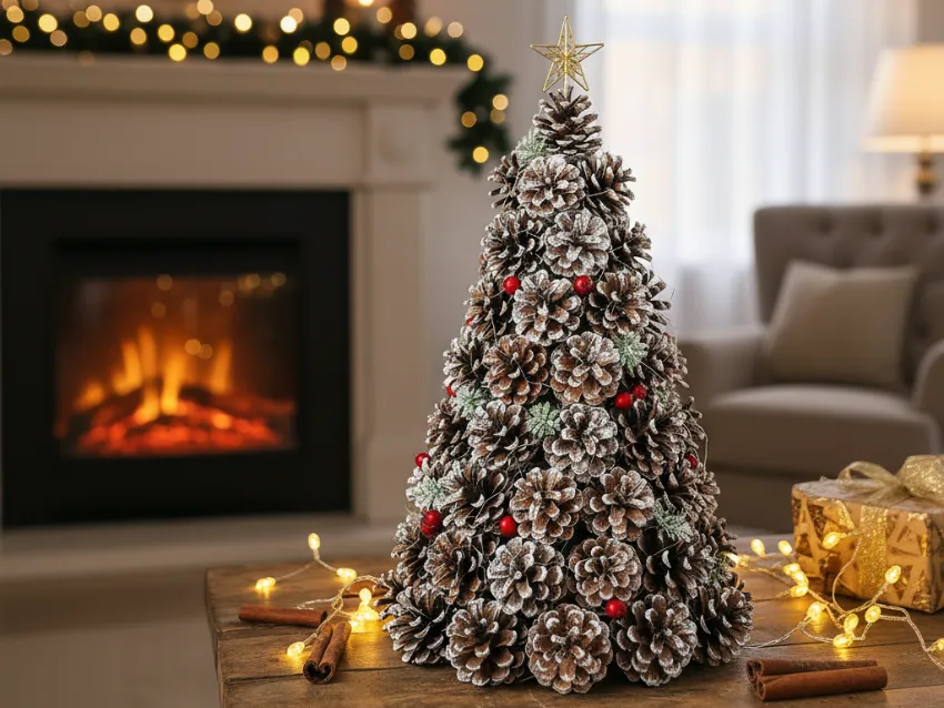 A stunning DIY tabletop Christmas tree craft made from stacked and frosted pine cones, decorated with red berries and a star topper.